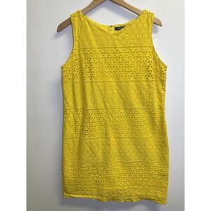 Lands' End Sleeveless Eyelet Mini‎ Dress Women's Petite 14P Yellow Lined V-neck